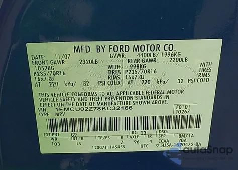 2008 Ford Escape Xls/Xls Manual from USA, damaged, VIN 1FMCU02Z78KC32166